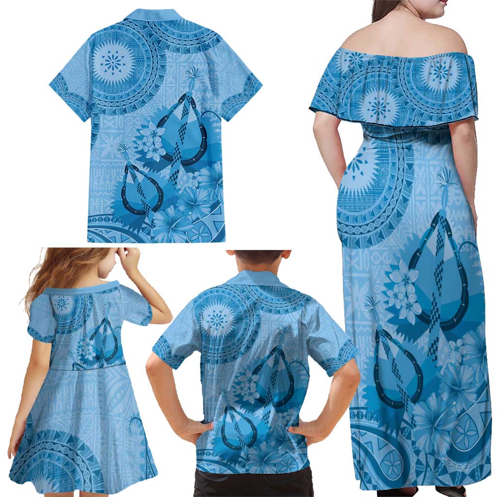 Blue Bula Fiji Family Matching Off Shoulder Maxi Dress and Hawaiian Shirt Fijian Dance Fan Tapa Cloth Pattern