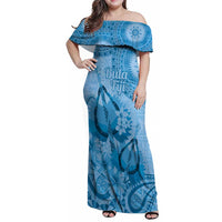 Blue Bula Fiji Family Matching Off Shoulder Maxi Dress and Hawaiian Shirt Fijian Dance Fan Tapa Cloth Pattern