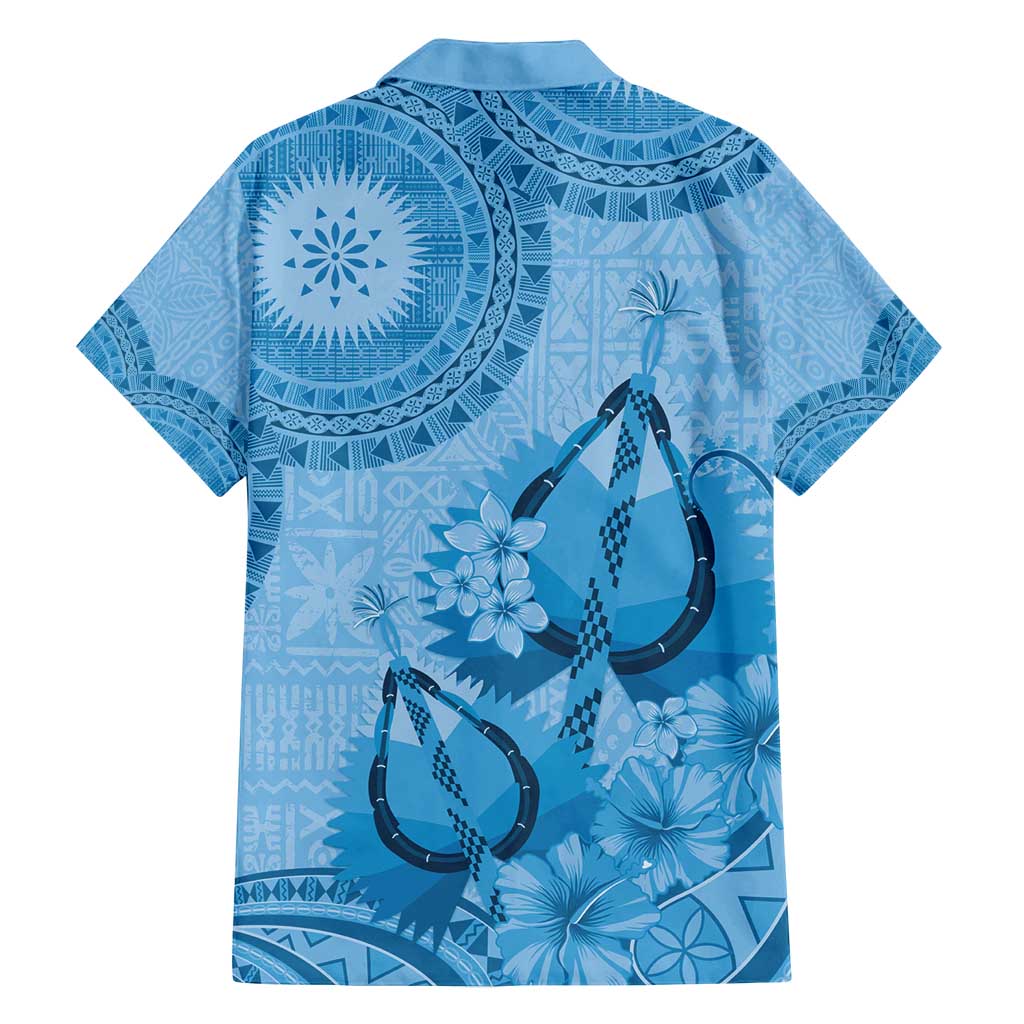Blue Bula Fiji Family Matching Puletasi and Hawaiian Shirt Fijian Dance Fan Tapa Cloth Pattern