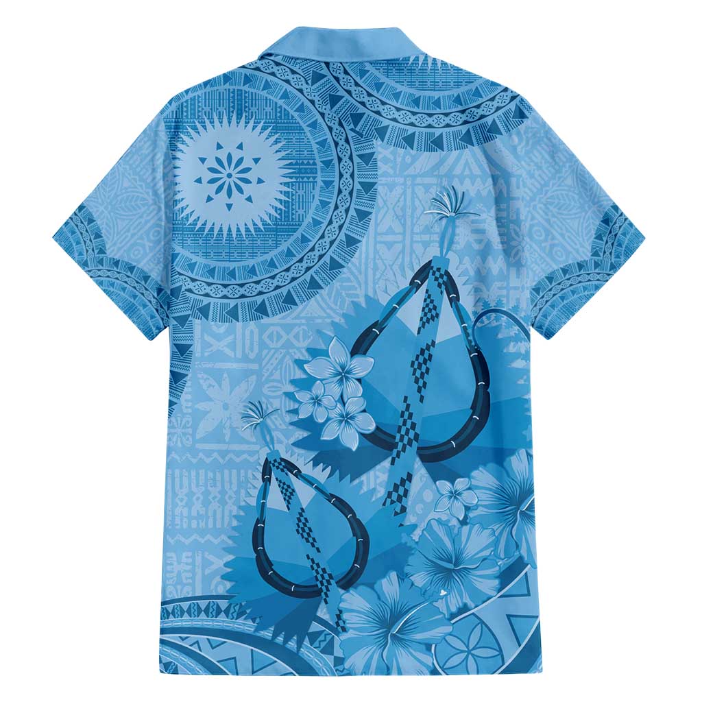Blue Bula Fiji Family Matching Short Sleeve Bodycon Dress and Hawaiian Shirt Fijian Dance Fan Tapa Cloth Pattern