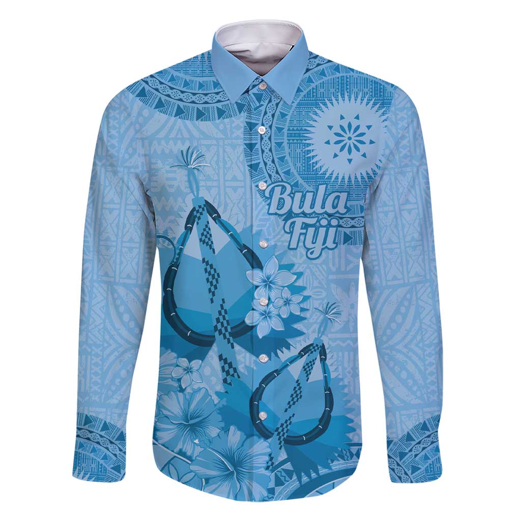 Blue Bula Fiji Family Matching Short Sleeve Bodycon Dress and Hawaiian Shirt Fijian Dance Fan Tapa Cloth Pattern