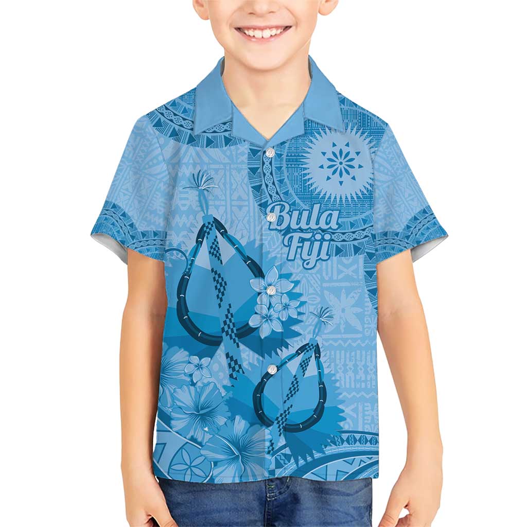 Blue Bula Fiji Family Matching Short Sleeve Bodycon Dress and Hawaiian Shirt Fijian Dance Fan Tapa Cloth Pattern