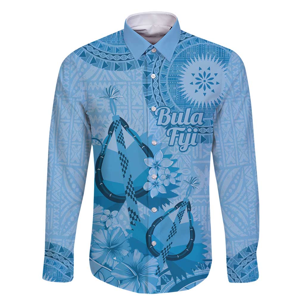 Blue Bula Fiji Family Matching Tank Maxi Dress and Hawaiian Shirt Fijian Dance Fan Tapa Cloth Pattern