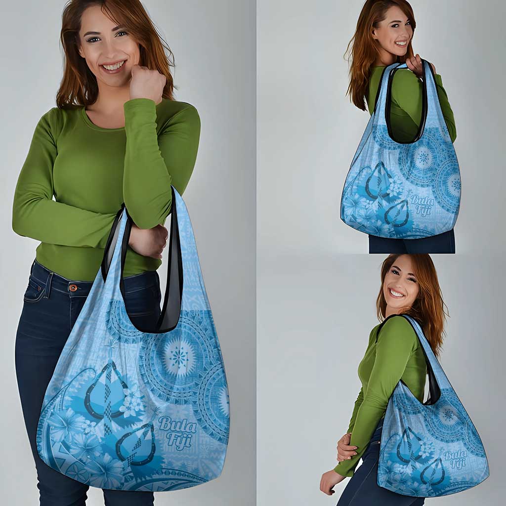 Blue Bula Fiji Grocery Bag Fijian Dance Fan Tapa Cloth Pattern