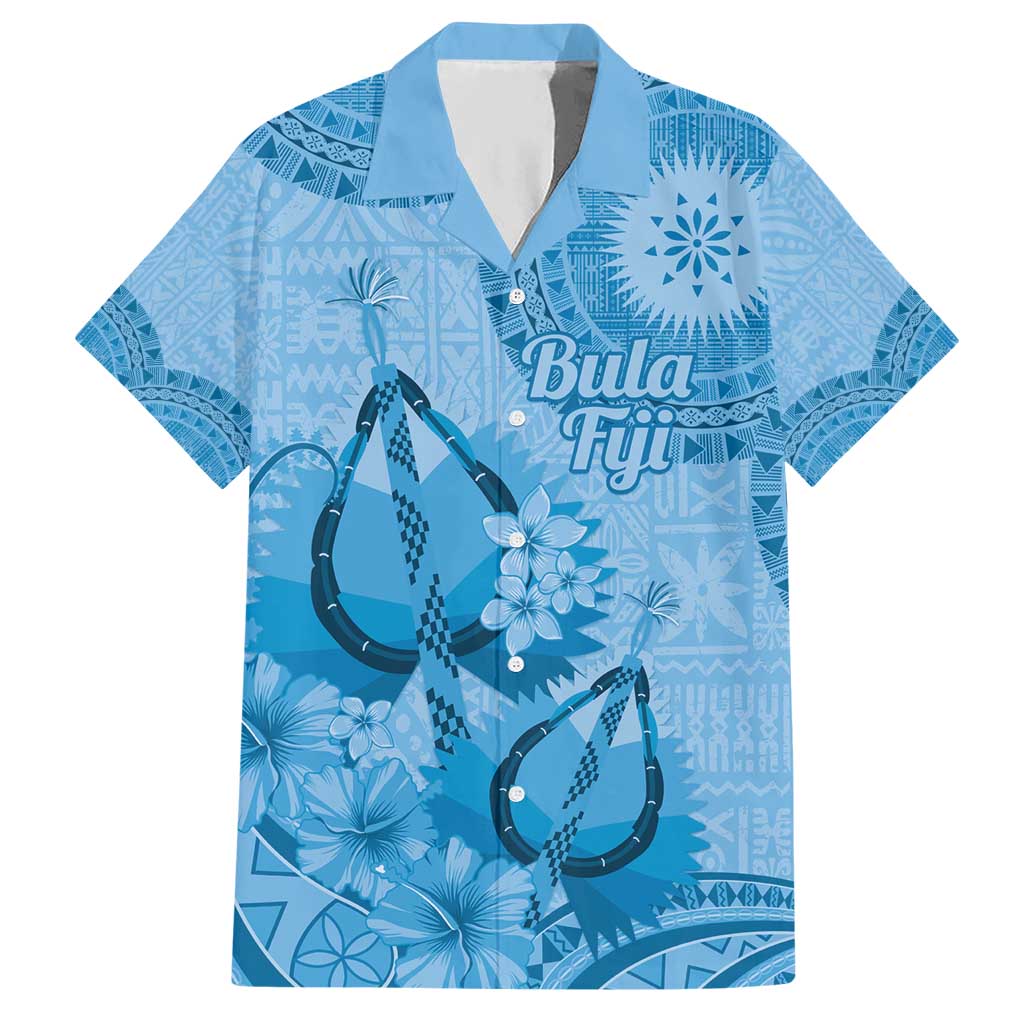 Blue Bula Fiji Hawaiian Shirt Fijian Dance Fan Tapa Cloth Pattern