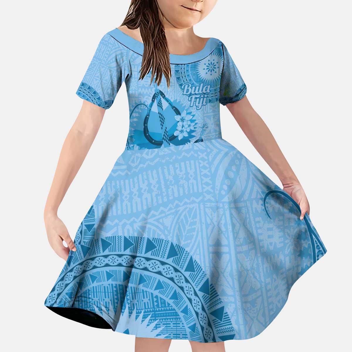 Blue Bula Fiji Kid Short Sleeve Dress Fijian Dance Fan Tapa Cloth Pattern