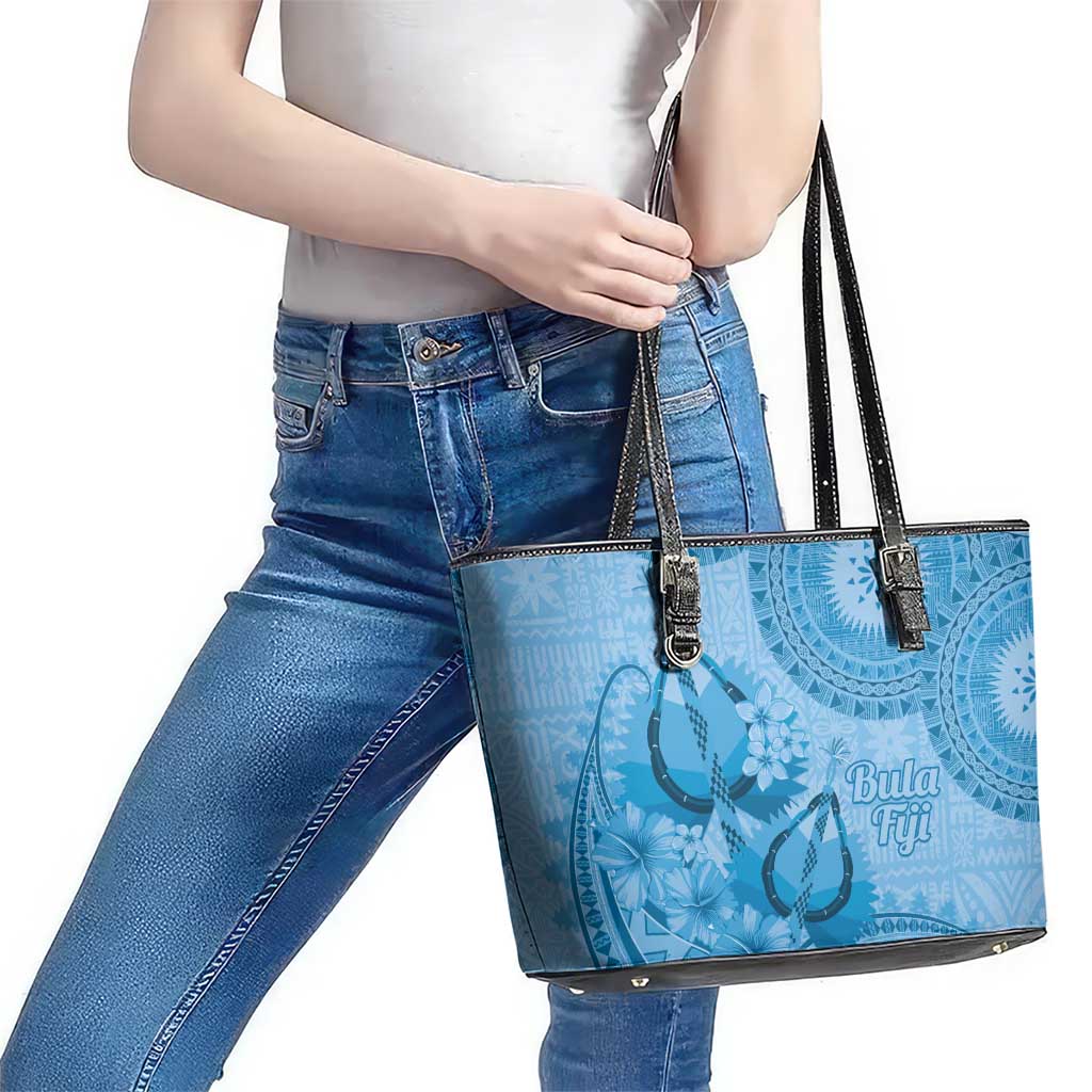 Blue Bula Fiji Leather Tote Bag Fijian Dance Fan Tapa Cloth Pattern