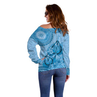 Blue Bula Fiji Off Shoulder Sweater Fijian Dance Fan Tapa Cloth Pattern