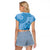 Blue Bula Fiji Raglan Cropped T Shirt Fijian Dance Fan Tapa Cloth Pattern