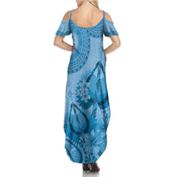Blue Bula Fiji Summer Maxi Dress Fijian Dance Fan Tapa Cloth Pattern