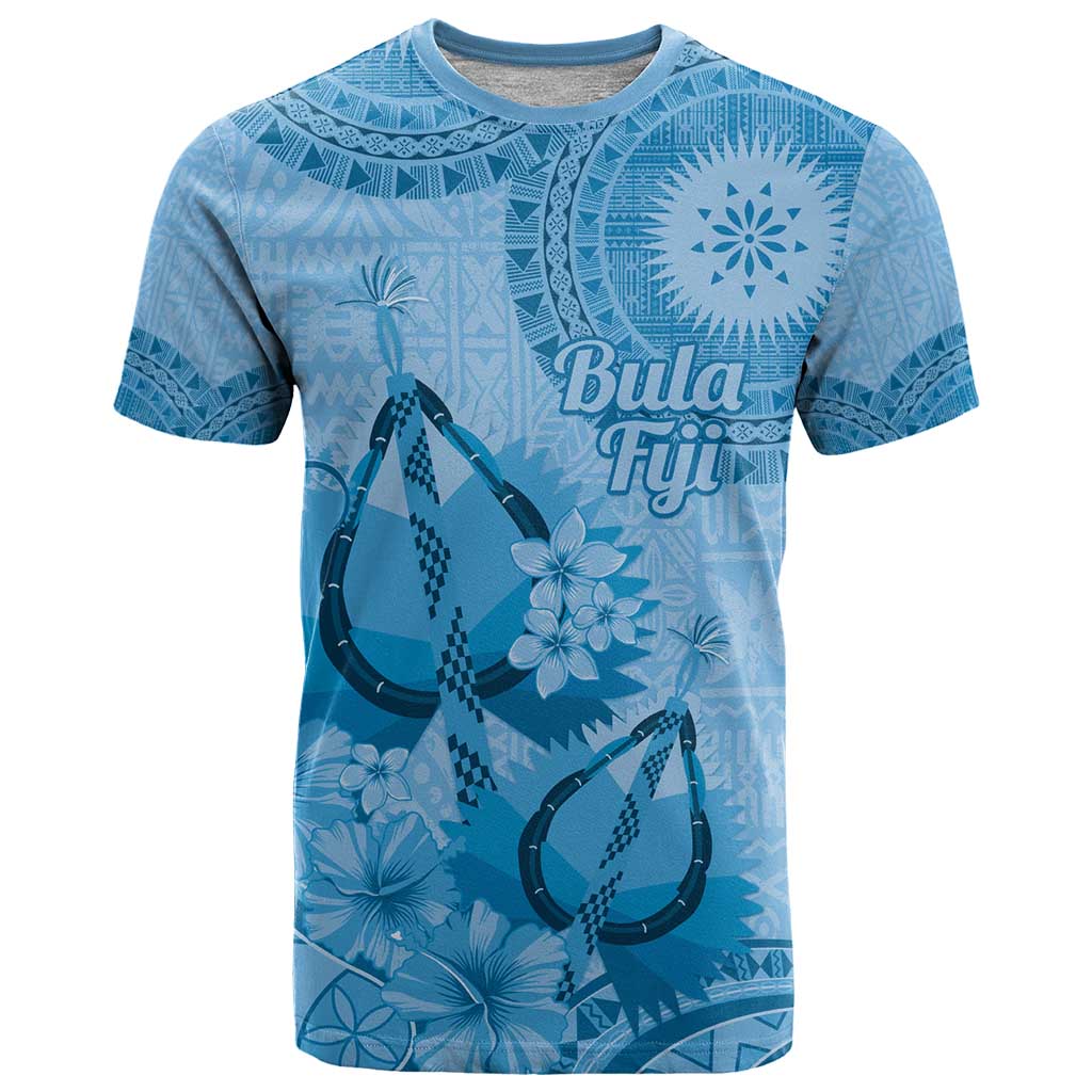 Blue Bula Fiji T Shirt Fijian Dance Fan Tapa Cloth Pattern