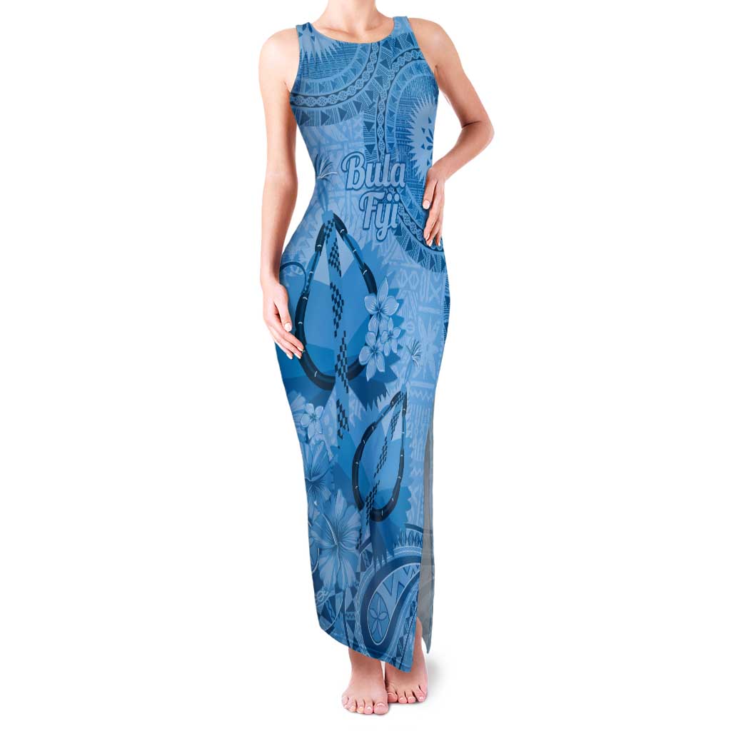 Blue Bula Fiji Tank Maxi Dress Fijian Dance Fan Tapa Cloth Pattern