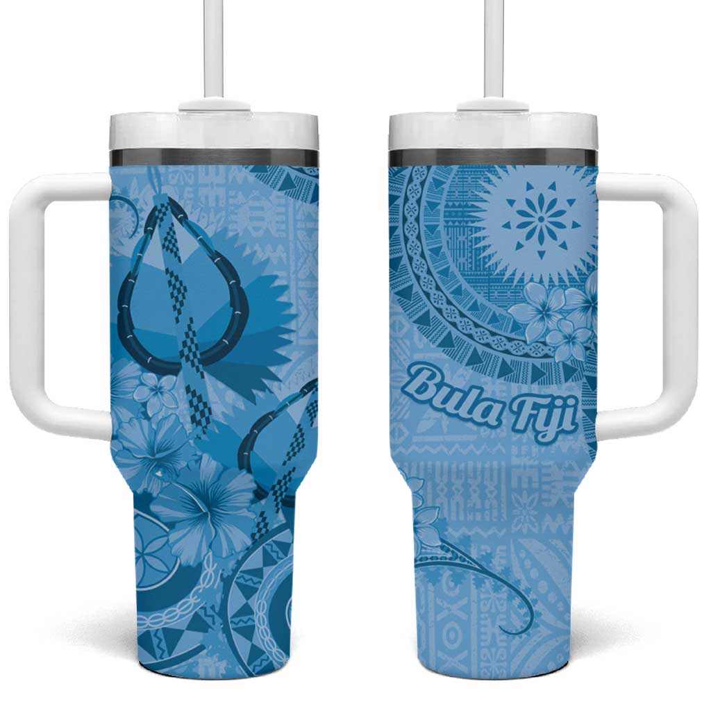 Blue Bula Fiji Tumbler With Handle Fijian Dance Fan Tapa Cloth Pattern