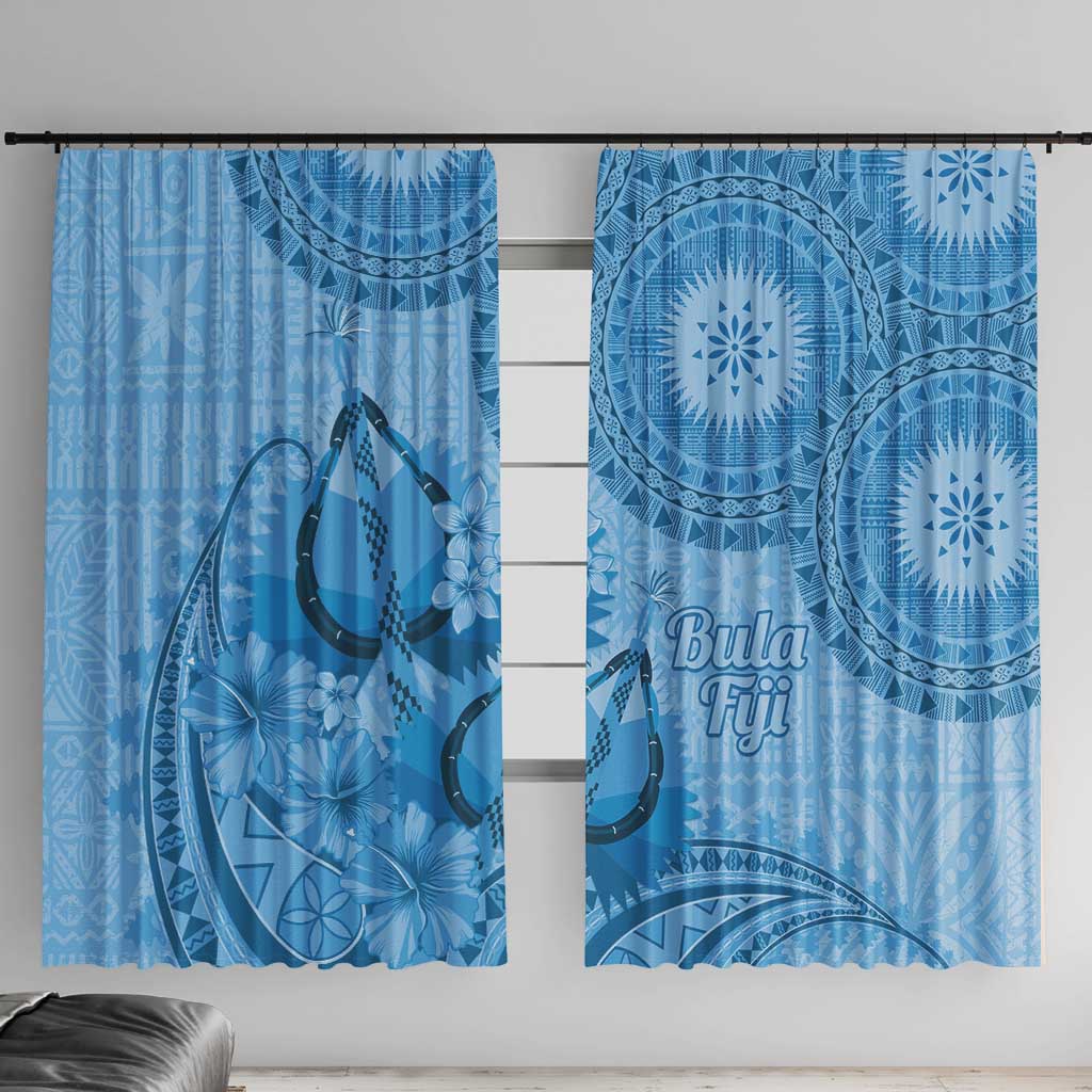 Blue Bula Fiji Window Curtain Fijian Dance Fan Tapa Cloth Pattern