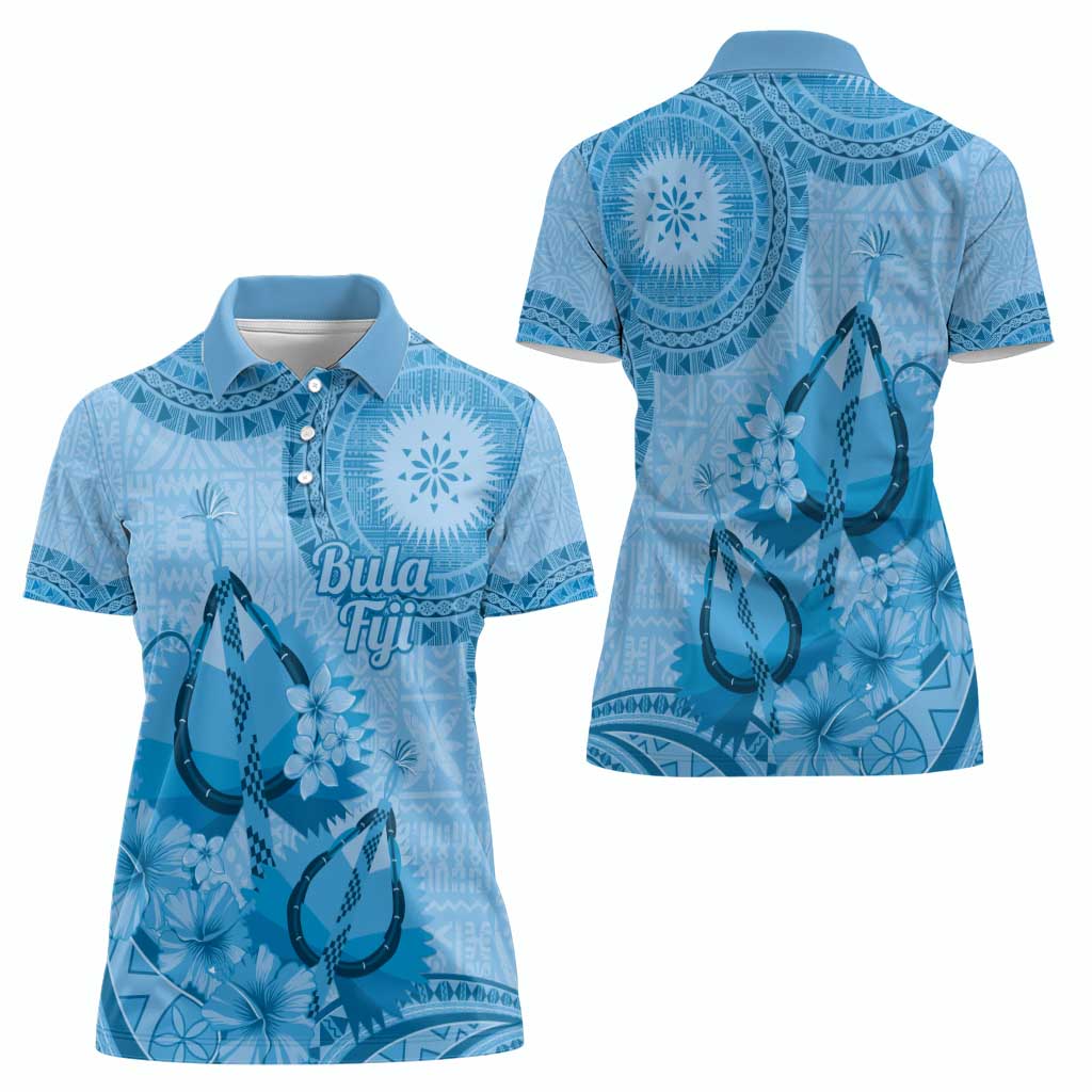 Blue Bula Fiji Women Polo Shirt Fijian Dance Fan Tapa Cloth Pattern