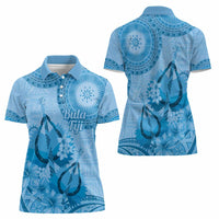 Blue Bula Fiji Women Polo Shirt Fijian Dance Fan Tapa Cloth Pattern