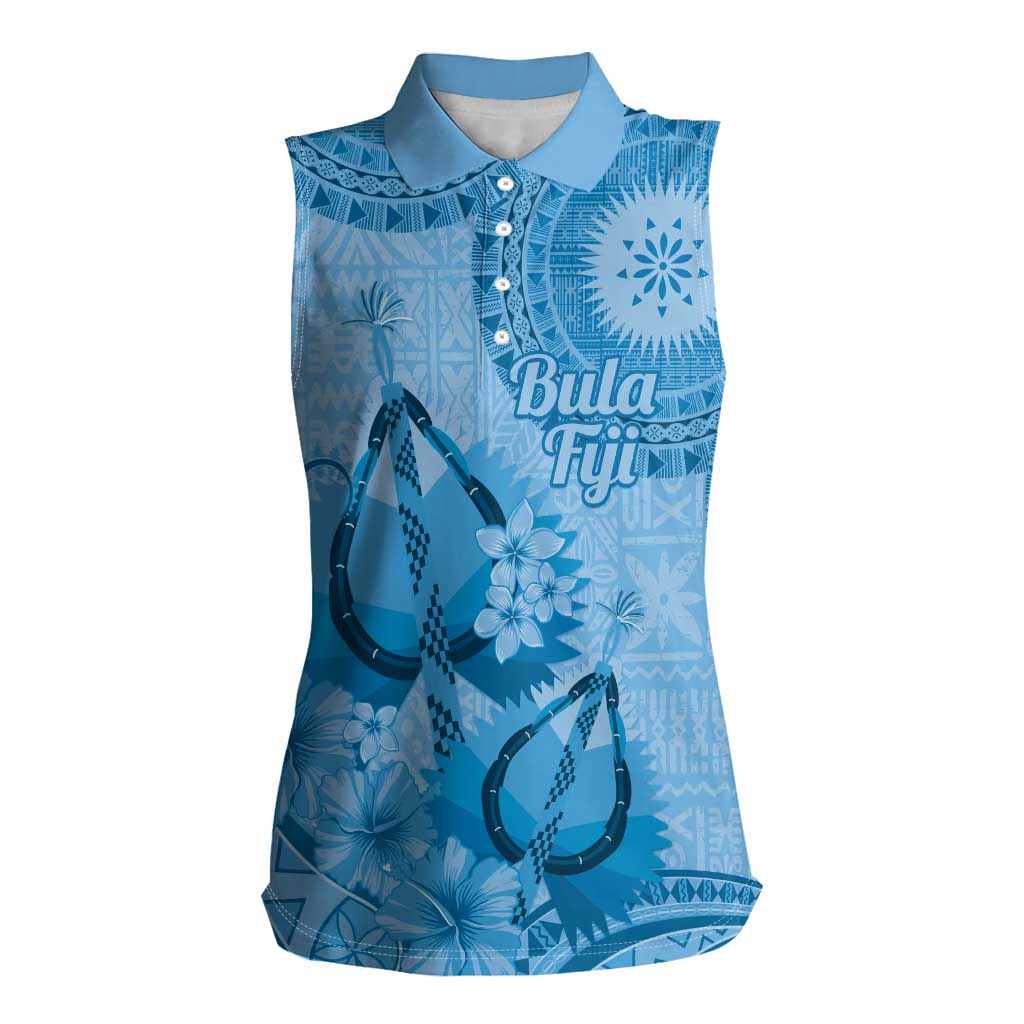 Blue Bula Fiji Women Sleeveless Polo Shirt Fijian Dance Fan Tapa Cloth Pattern