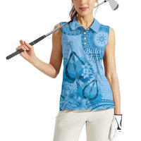Blue Bula Fiji Women Sleeveless Polo Shirt Fijian Dance Fan Tapa Cloth Pattern