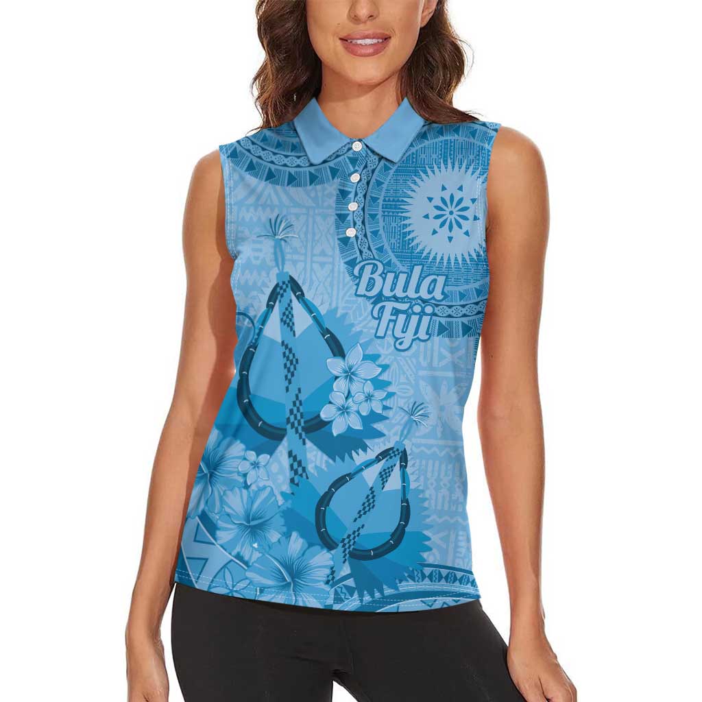 Blue Bula Fiji Women Sleeveless Polo Shirt Fijian Dance Fan Tapa Cloth Pattern