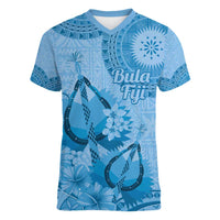 Blue Bula Fiji Women V-Neck T-Shirt Fijian Dance Fan Tapa Cloth Pattern