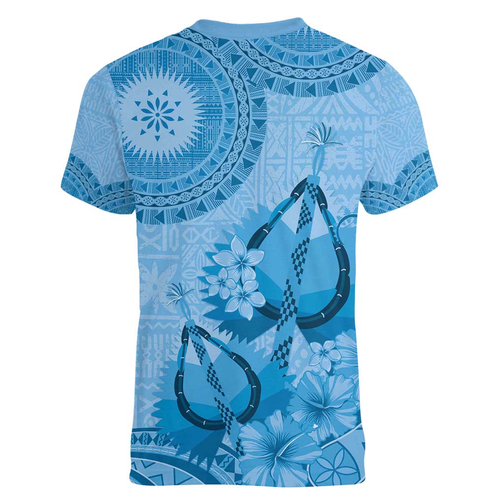 Blue Bula Fiji Women V-Neck T-Shirt Fijian Dance Fan Tapa Cloth Pattern