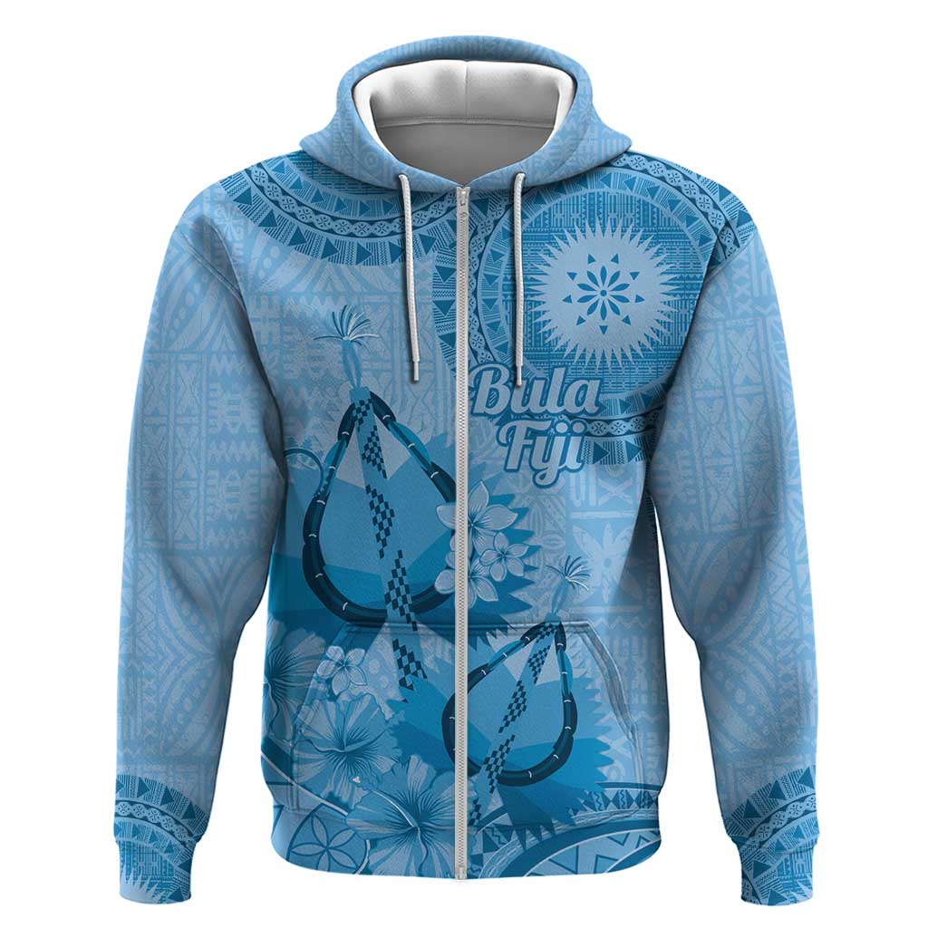 Blue Bula Fiji Zip Hoodie Fijian Dance Fan Tapa Cloth Pattern