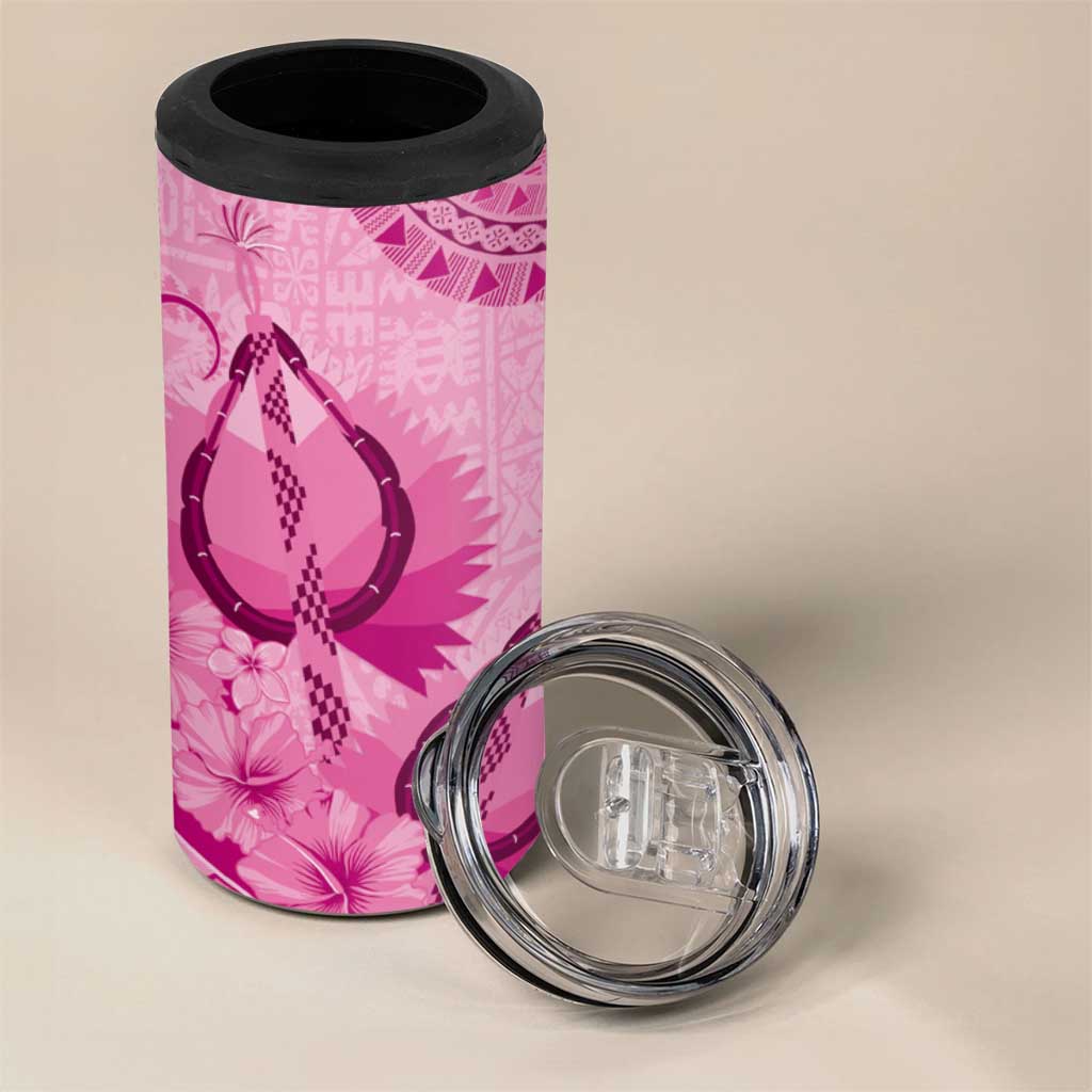 Pink Bula Fiji 4 in 1 Can Cooler Tumbler Fijian Dance Fan Tapa Cloth Pattern