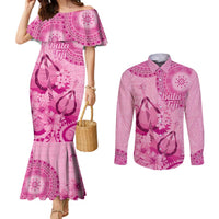 Pink Bula Fiji Couples Matching Mermaid Dress and Long Sleeve Button Shirt Fijian Dance Fan Tapa Cloth Pattern