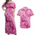 Pink Bula Fiji Couples Matching Off Shoulder Maxi Dress and Hawaiian Shirt Fijian Dance Fan Tapa Cloth Pattern