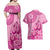 Pink Bula Fiji Couples Matching Off Shoulder Maxi Dress and Hawaiian Shirt Fijian Dance Fan Tapa Cloth Pattern