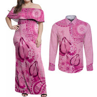 Pink Bula Fiji Couples Matching Off Shoulder Maxi Dress and Long Sleeve Button Shirt Fijian Dance Fan Tapa Cloth Pattern