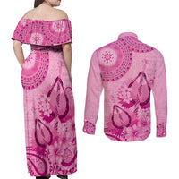 Pink Bula Fiji Couples Matching Off Shoulder Maxi Dress and Long Sleeve Button Shirt Fijian Dance Fan Tapa Cloth Pattern