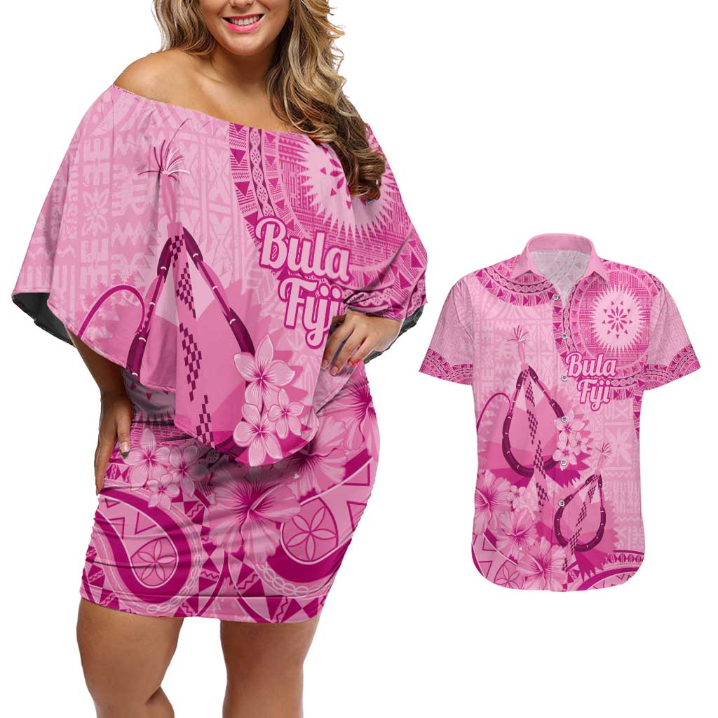 Pink Bula Fiji Couples Matching Off Shoulder Short Dress and Hawaiian Shirt Fijian Dance Fan Tapa Cloth Pattern