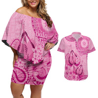 Pink Bula Fiji Couples Matching Off Shoulder Short Dress and Hawaiian Shirt Fijian Dance Fan Tapa Cloth Pattern