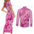 Pink Bula Fiji Couples Matching Short Sleeve Bodycon Dress and Long Sleeve Button Shirt Fijian Dance Fan Tapa Cloth Pattern