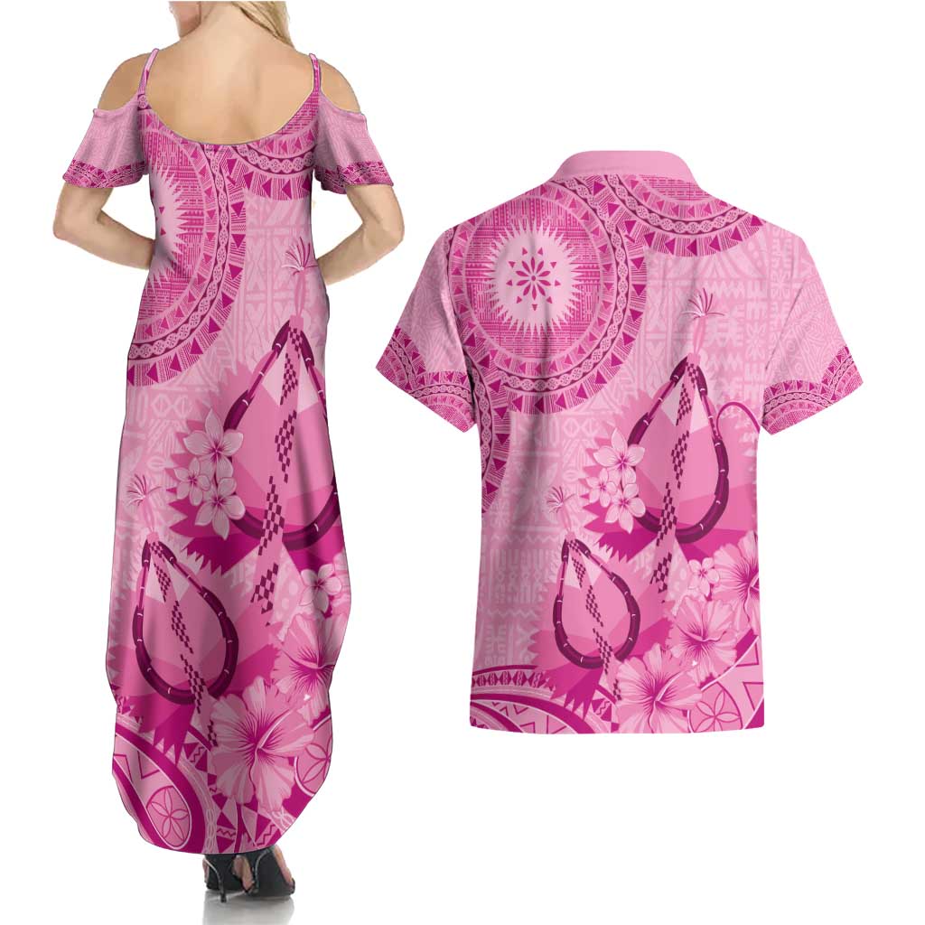 Pink Bula Fiji Couples Matching Summer Maxi Dress and Hawaiian Shirt Fijian Dance Fan Tapa Cloth Pattern