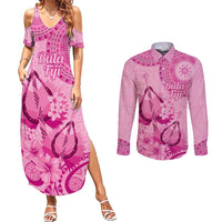 Pink Bula Fiji Couples Matching Summer Maxi Dress and Long Sleeve Button Shirt Fijian Dance Fan Tapa Cloth Pattern