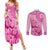 Pink Bula Fiji Couples Matching Summer Maxi Dress and Long Sleeve Button Shirt Fijian Dance Fan Tapa Cloth Pattern