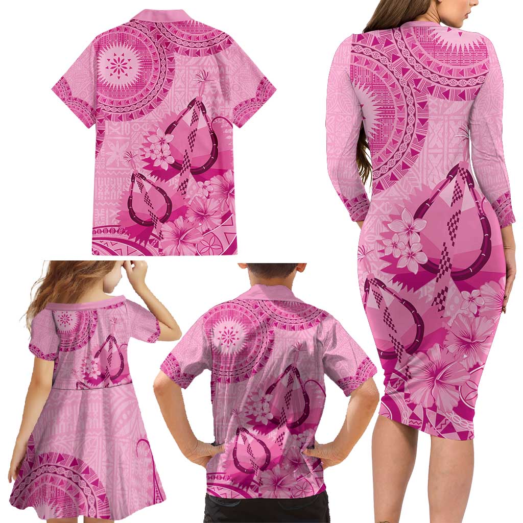 Pink Bula Fiji Family Matching Long Sleeve Bodycon Dress and Hawaiian Shirt Fijian Dance Fan Tapa Cloth Pattern