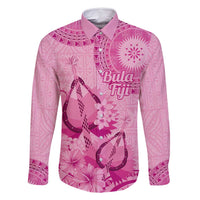 Pink Bula Fiji Family Matching Long Sleeve Bodycon Dress and Hawaiian Shirt Fijian Dance Fan Tapa Cloth Pattern
