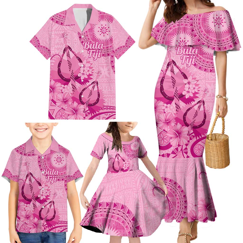 Pink Bula Fiji Family Matching Mermaid Dress and Hawaiian Shirt Fijian Dance Fan Tapa Cloth Pattern