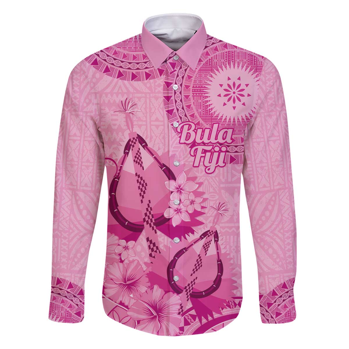 Pink Bula Fiji Family Matching Off The Shoulder Long Sleeve Dress and Hawaiian Shirt Fijian Dance Fan Tapa Cloth Pattern