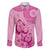 Pink Bula Fiji Family Matching Off The Shoulder Long Sleeve Dress and Hawaiian Shirt Fijian Dance Fan Tapa Cloth Pattern