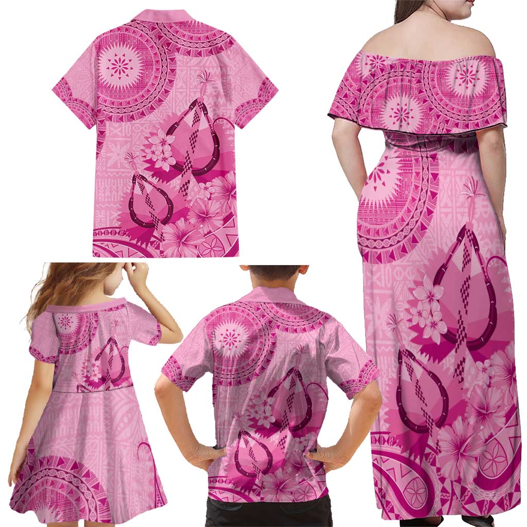 Pink Bula Fiji Family Matching Off Shoulder Maxi Dress and Hawaiian Shirt Fijian Dance Fan Tapa Cloth Pattern