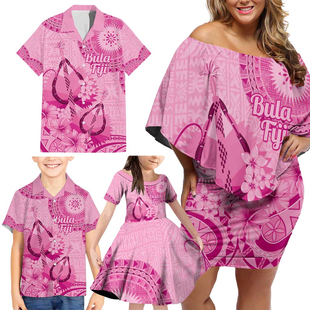 Pink Bula Fiji Family Matching Off Shoulder Short Dress and Hawaiian Shirt Fijian Dance Fan Tapa Cloth Pattern
