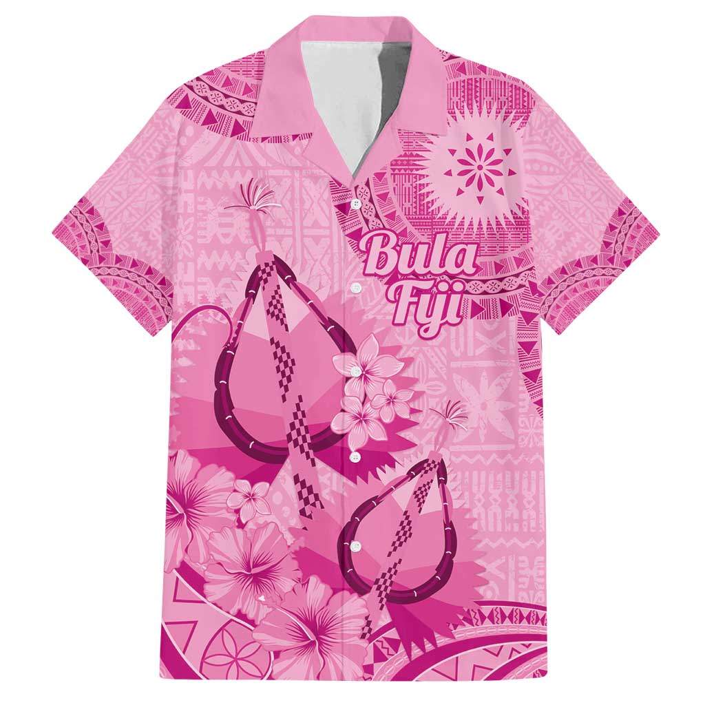 Pink Bula Fiji Family Matching Off Shoulder Short Dress and Hawaiian Shirt Fijian Dance Fan Tapa Cloth Pattern