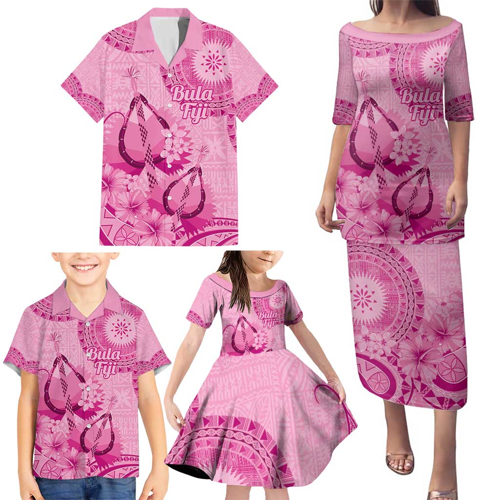 Pink Bula Fiji Family Matching Puletasi and Hawaiian Shirt Fijian Dance Fan Tapa Cloth Pattern