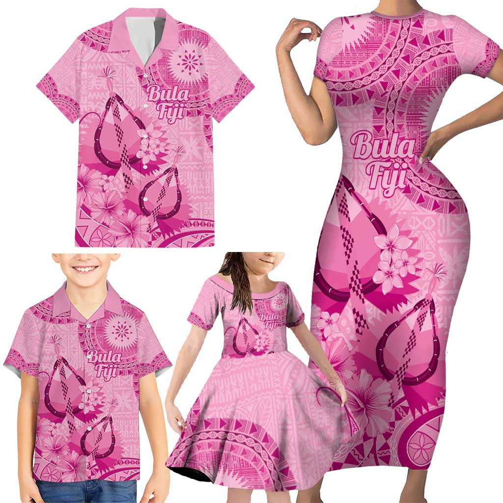 Pink Bula Fiji Family Matching Short Sleeve Bodycon Dress and Hawaiian Shirt Fijian Dance Fan Tapa Cloth Pattern