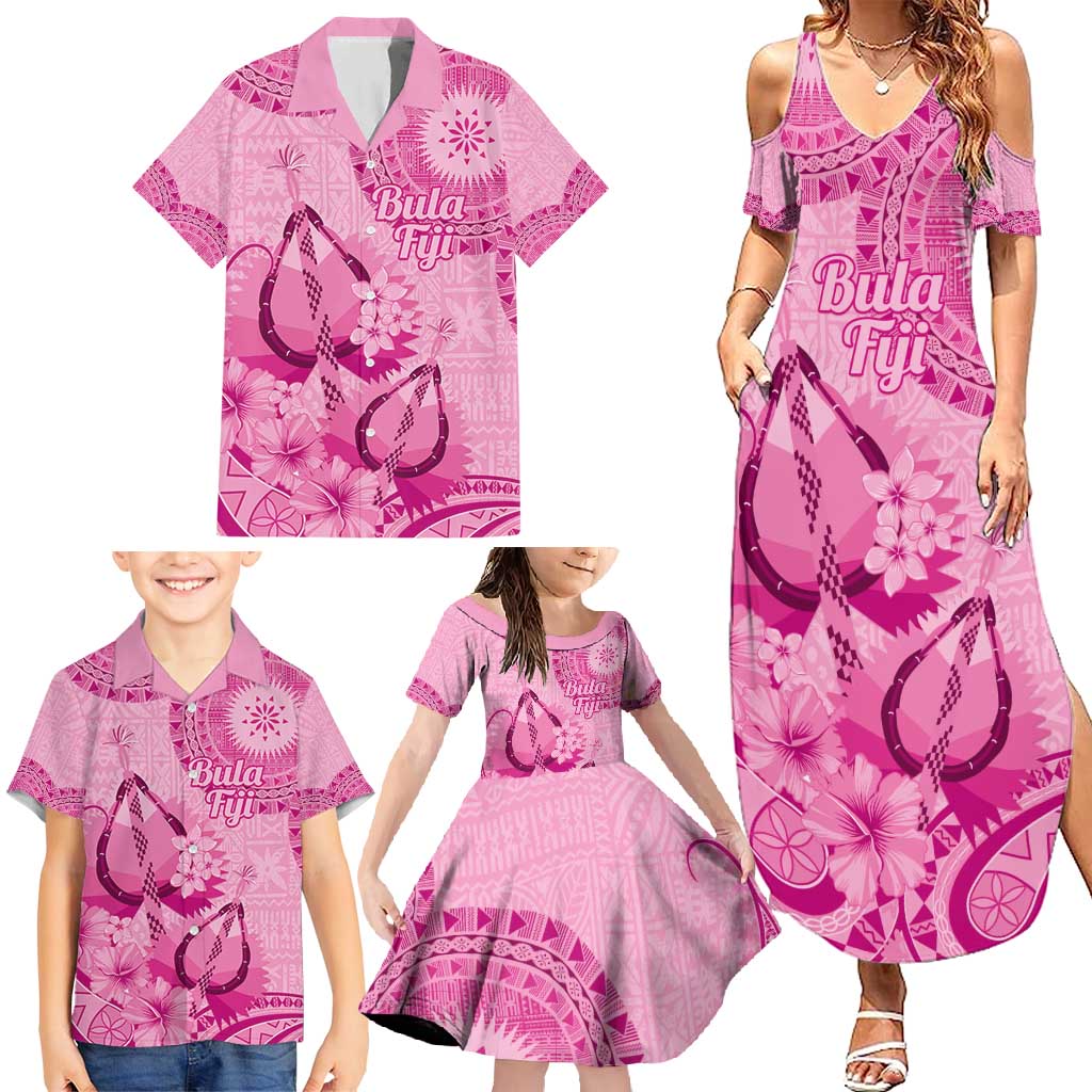 Pink Bula Fiji Family Matching Summer Maxi Dress and Hawaiian Shirt Fijian Dance Fan Tapa Cloth Pattern