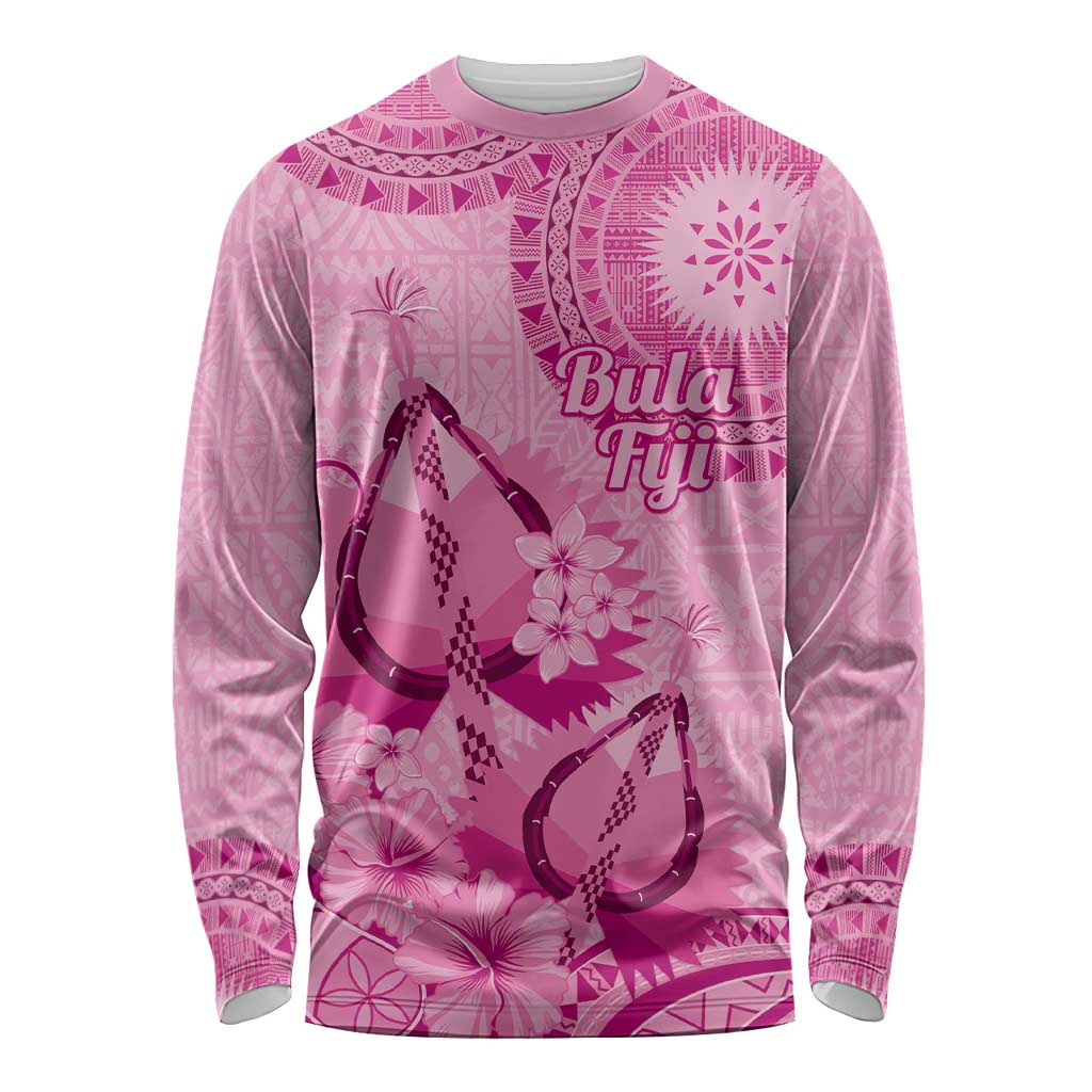 Pink Bula Fiji Long Sleeve Shirt Fijian Dance Fan Tapa Cloth Pattern